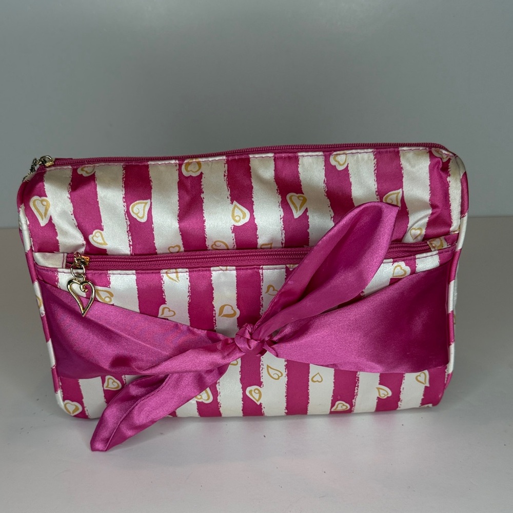 Vintage Victorias Secret Pink Satin Stripe Heart Cosmetic Bag with Ribbon